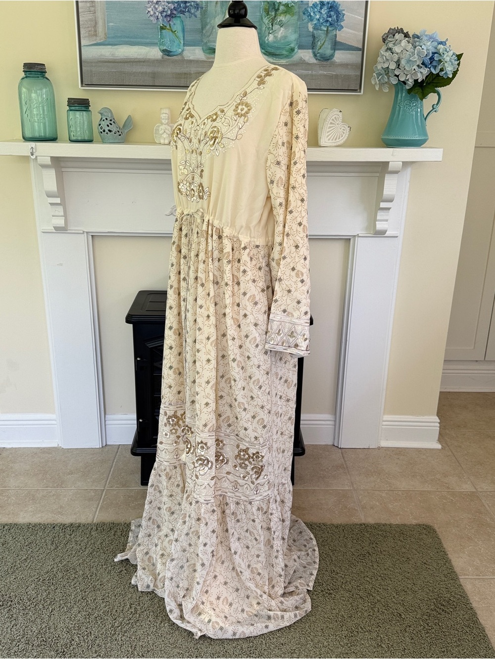 Boho Prairie Maxi Dress Beige Floral XL Gold Sequins NWT - Picture 4 of 15